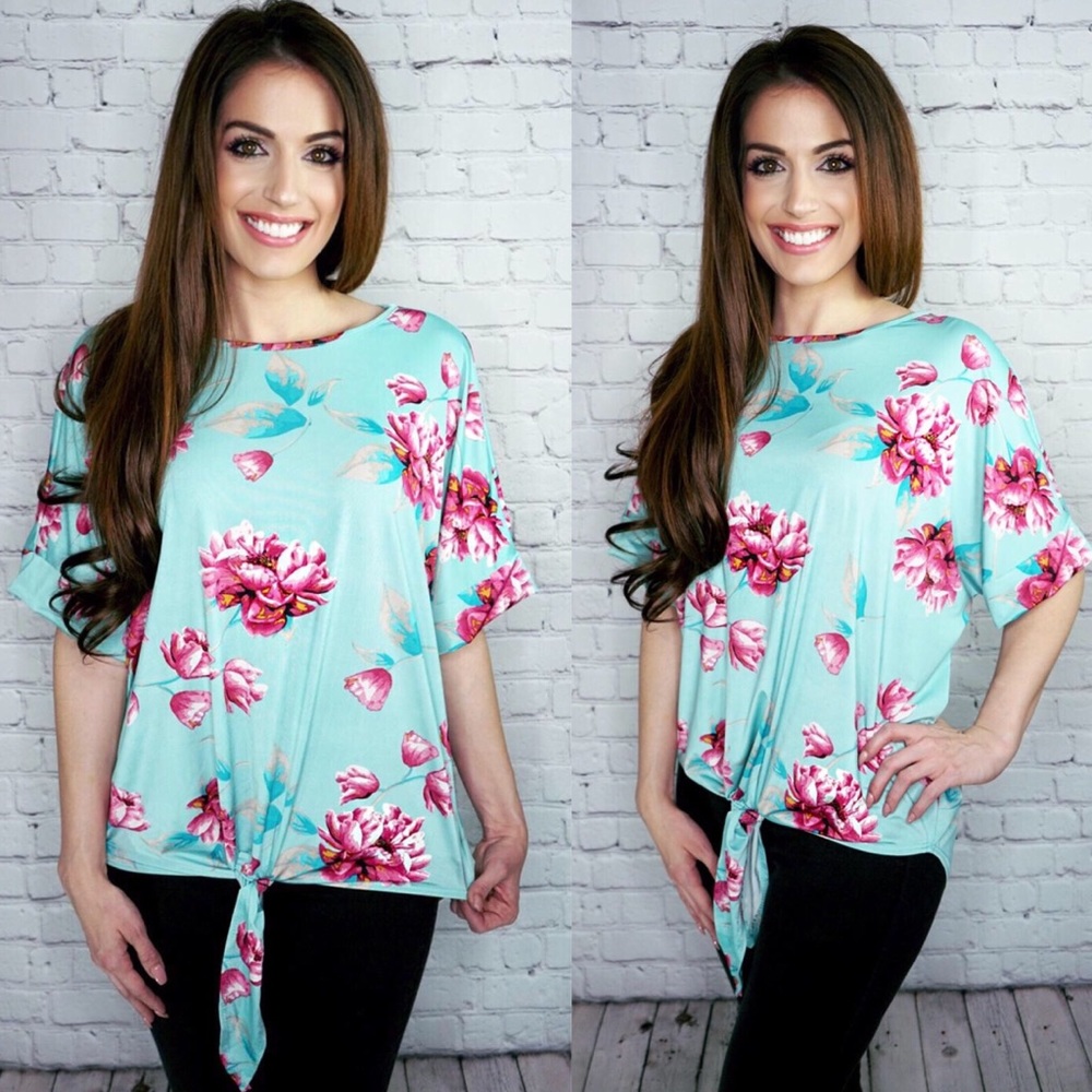Aqua floral top - Picture 3 of 4